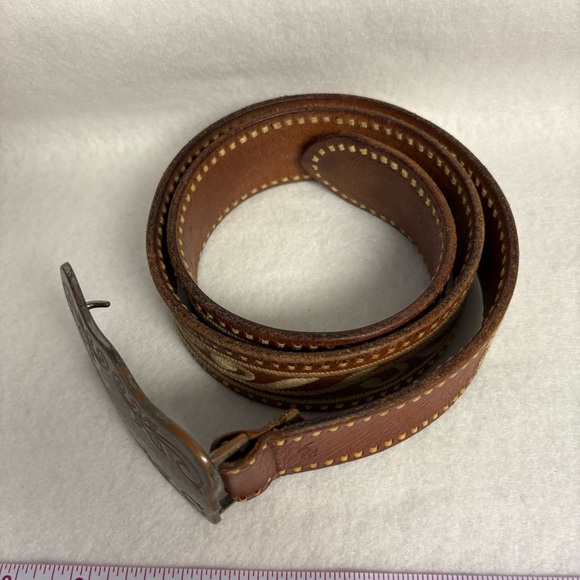 SOLD VTG Ralph Lauren Leather Belt sz S Brown Leather Embroidered Metal Plaque - Picture 6 of 14